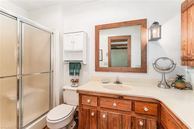 bathroom featuring vanity, toilet, and an enclosed shower