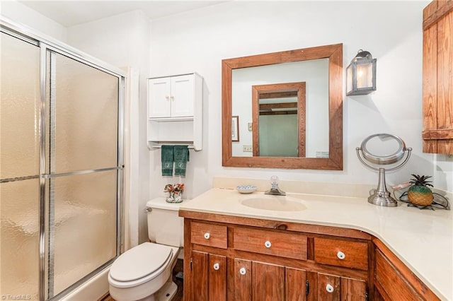 full bath featuring toilet, vanity, and a stall shower