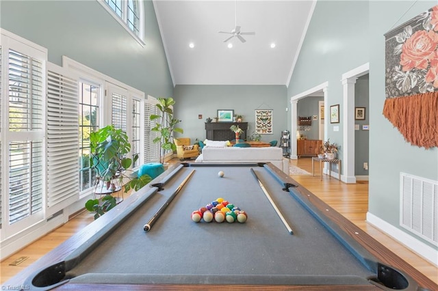 playroom featuring ceiling fan, high vaulted ceiling, light hardwood / wood-style floors, and billiards