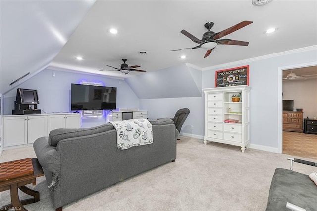 carpeted living room with lofted ceiling and crown molding