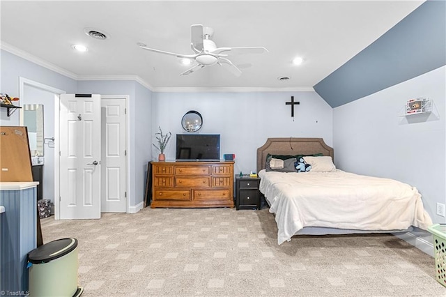 carpeted bedroom featuring ceiling fan and crown molding