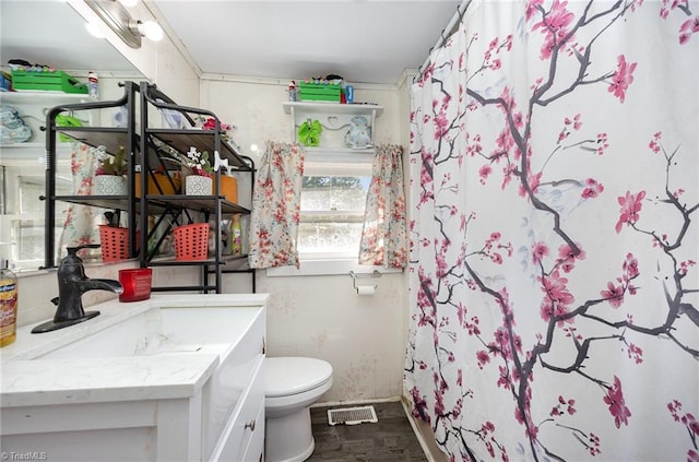 7387 NC Highway 62, Trinity, NC 27370 - bathroom with vanity, wood finished floors, and curtained shower