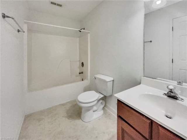 bathroom featuring visible vents, shower / bathing tub combination, vanity, and toilet