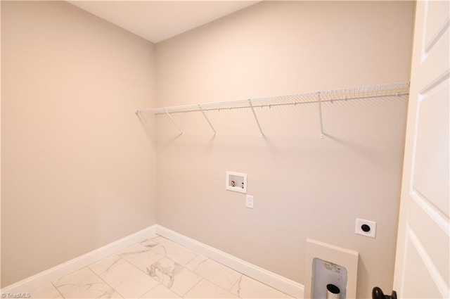 washroom featuring marble finish floor, laundry area, hookup for an electric dryer, baseboards, and hookup for a washing machine