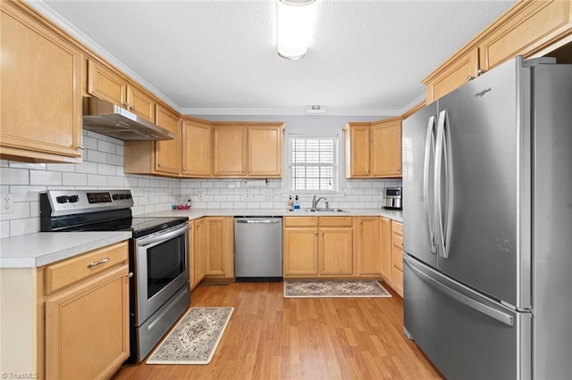 kitchen featuring under cabinet range hood, a sink, light countertops, appliances with stainless steel finishes, and light wood finished floors