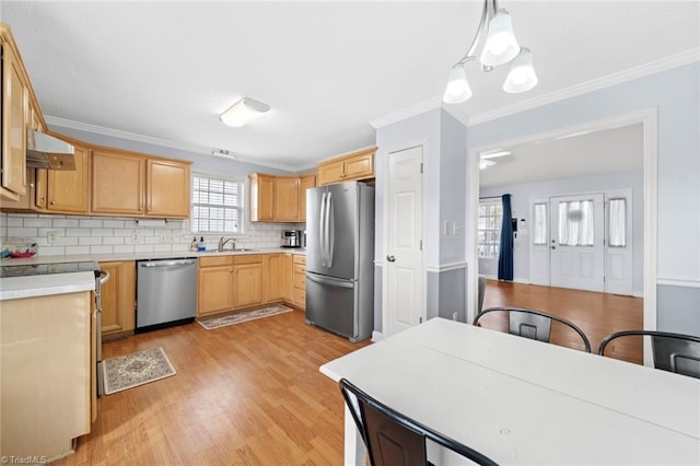 kitchen featuring stainless steel appliances, tasteful backsplash, light wood-style flooring, ornamental molding, and a sink