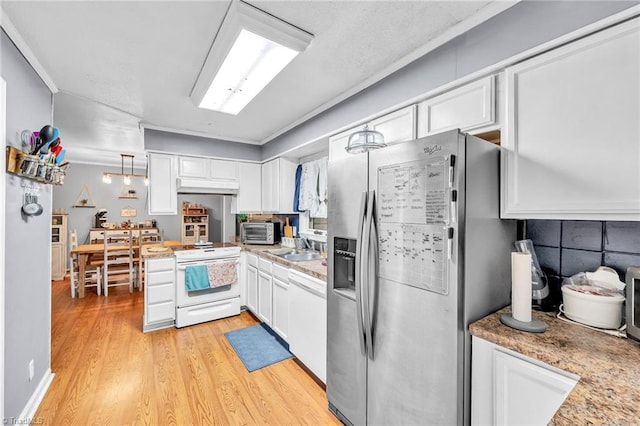 kitchen featuring pendant lighting, white cabinets, light hardwood / wood-style flooring, white appliances, and crown molding