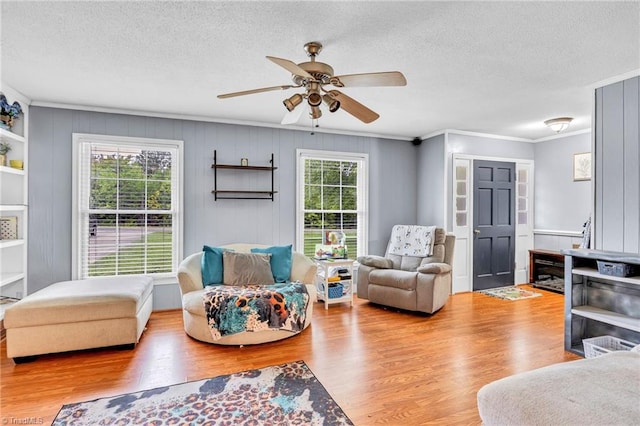 living room featuring light hardwood / wood-style flooring, ceiling fan, ornamental molding, and a textured ceiling