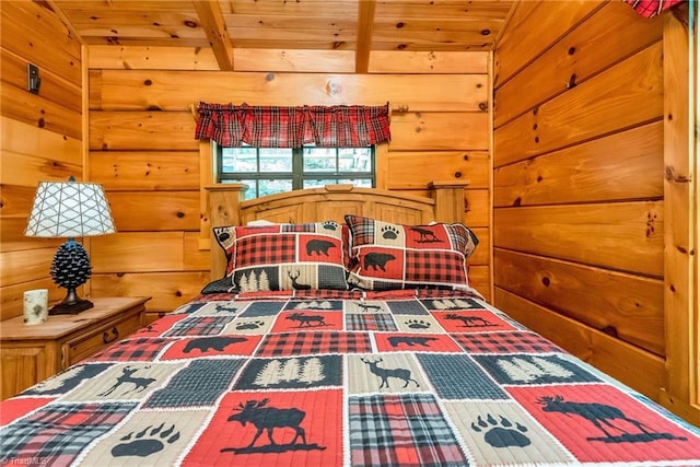 bedroom featuring wooden walls, beam ceiling, and wooden ceiling