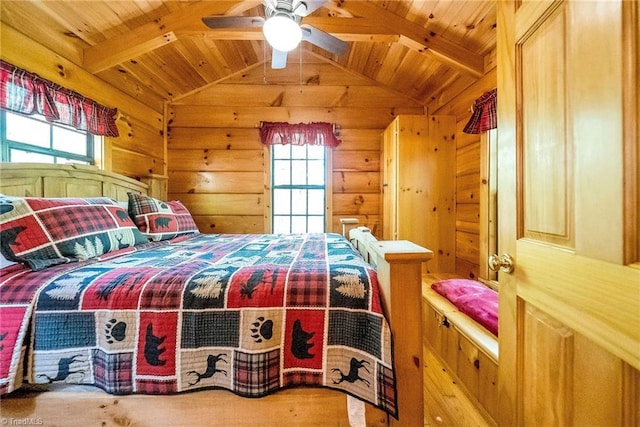 bedroom featuring vaulted ceiling with beams, wooden walls, and wooden ceiling