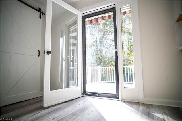 doorway with a barn door and wood finished floors