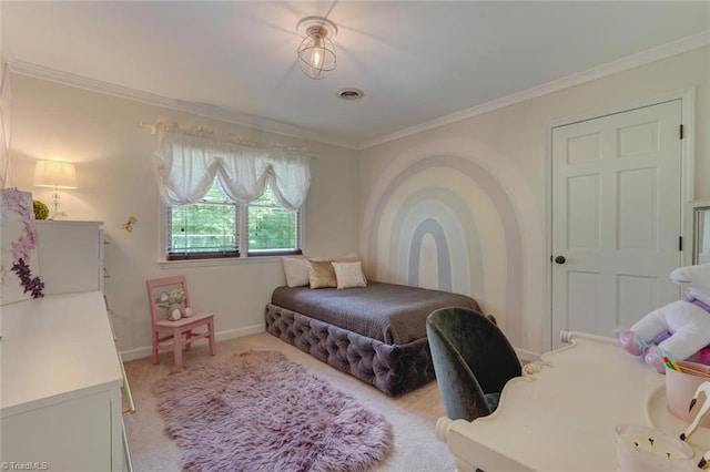 bedroom featuring light carpet, ornamental molding, and baseboards