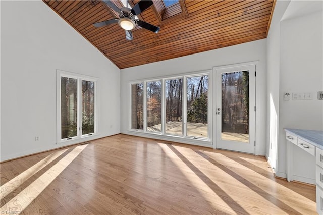 interior space featuring wooden ceiling, high vaulted ceiling, a skylight, ceiling fan, and light wood-type flooring