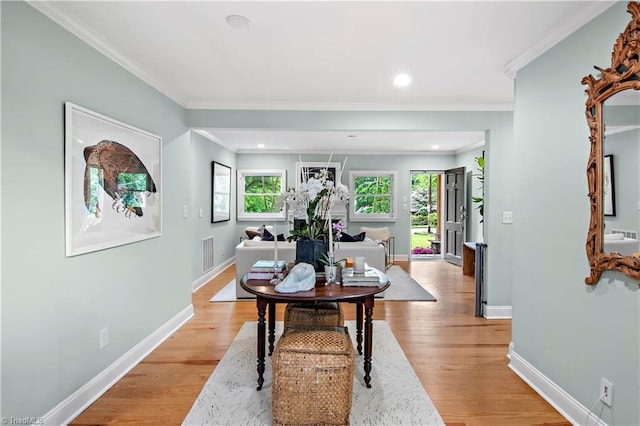 968 Avon Rd, Winston-Salem, NC 27104 - hall featuring crown molding, baseboards, light wood-style floors, and recessed lighting