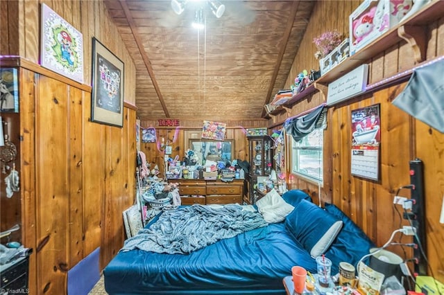 carpeted bedroom featuring wood ceiling, wood walls, and lofted ceiling