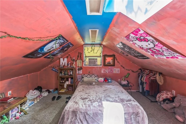 carpeted bedroom with lofted ceiling and cooling unit