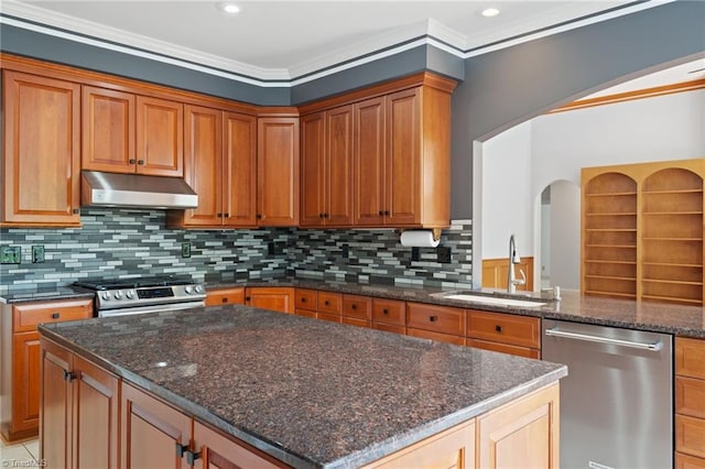 kitchen featuring appliances with stainless steel finishes, a sink, arched walkways, decorative backsplash, and under cabinet range hood