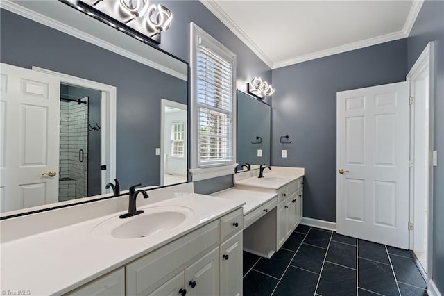 full bathroom with a sink, crown molding, a shower stall, and double vanity