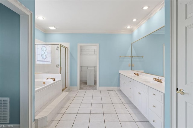 full bath with visible vents, ornamental molding, a bath, and a shower stall