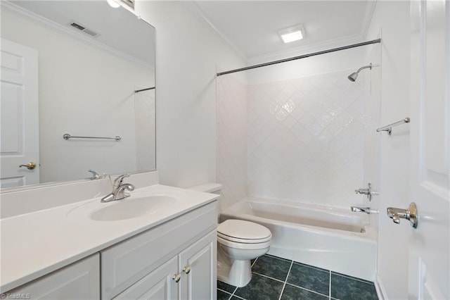 bathroom with visible vents, crown molding, bathtub / shower combination, tile patterned floors, and toilet