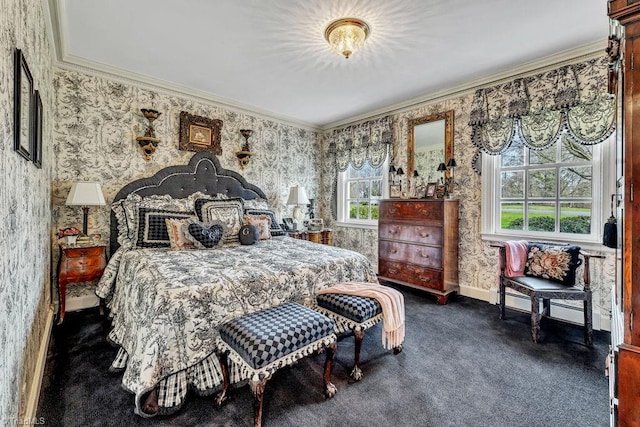 carpeted bedroom featuring crown molding