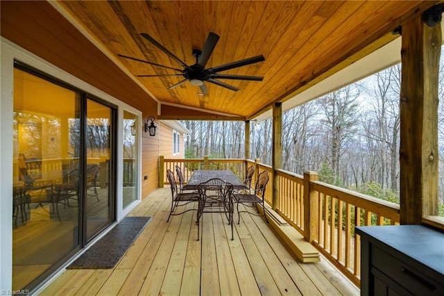 sunroom featuring wood ceiling and a ceiling fan