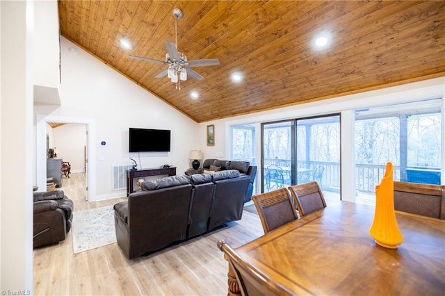 living room with recessed lighting, visible vents, wood ceiling, high vaulted ceiling, and light wood-type flooring