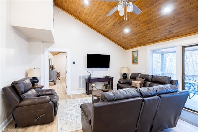 living room featuring high vaulted ceiling, recessed lighting, visible vents, wood ceiling, and light wood-style floors