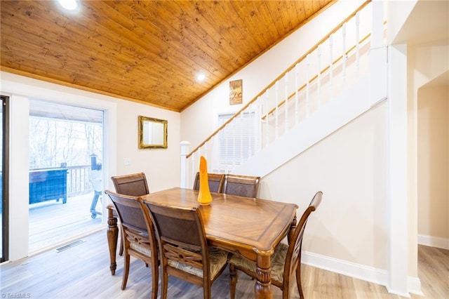 dining room with wooden ceiling, stairway, baseboards, and light wood finished floors