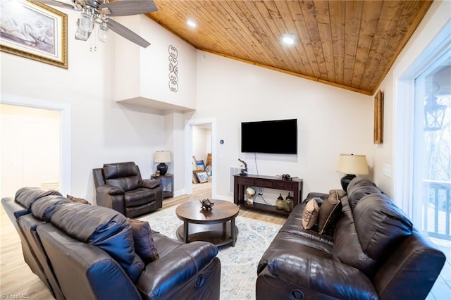 living area featuring light wood-type flooring, wooden ceiling, ceiling fan, and recessed lighting