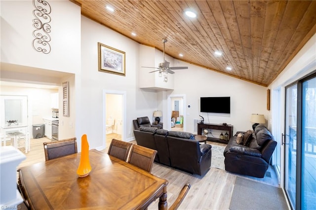 dining area featuring a ceiling fan, wooden ceiling, light wood-style floors, high vaulted ceiling, and recessed lighting