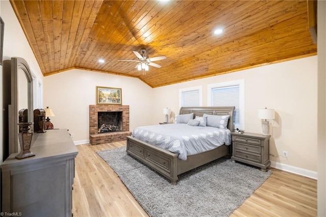 bedroom featuring lofted ceiling, light wood-type flooring, wooden ceiling, and baseboards