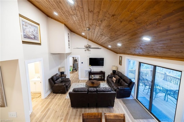 living area with high vaulted ceiling, recessed lighting, wooden ceiling, and light wood-style floors