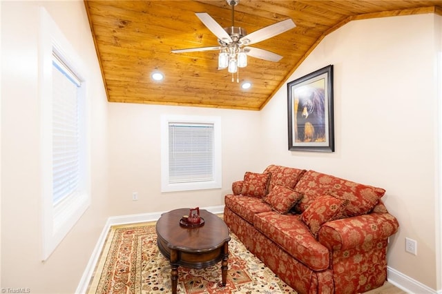 living room with baseboards, ceiling fan, wood ceiling, vaulted ceiling, and recessed lighting