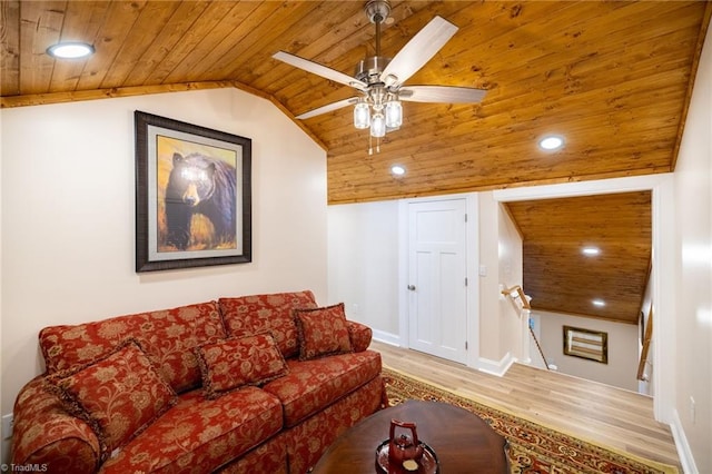 living area featuring lofted ceiling, recessed lighting, wood finished floors, wooden ceiling, and baseboards