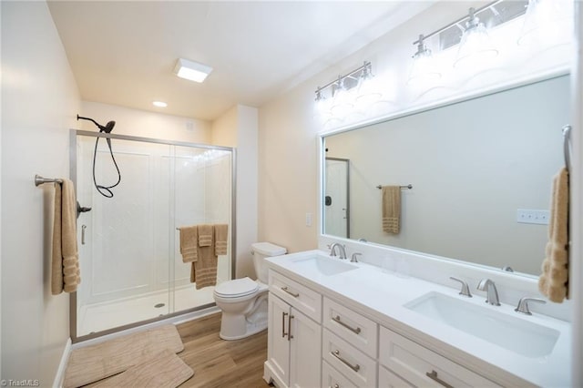 bathroom with a sink, toilet, and a shower stall