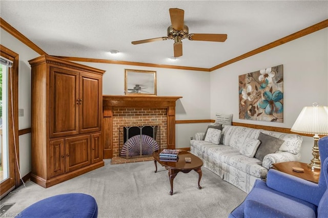 1113 Smokewood Dr, Apex, NC 27502 - living area with a ceiling fan, light carpet, ornamental molding, and a brick fireplace
