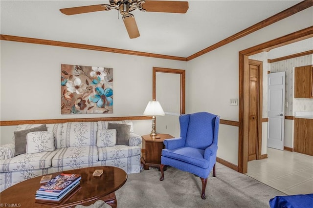 1113 Smokewood Dr, Apex, NC 27502 - carpeted living room featuring a ceiling fan, crown molding, and baseboards