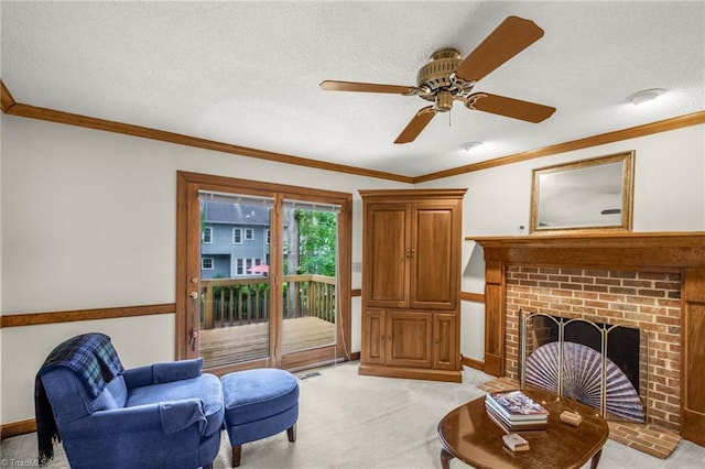 1113 Smokewood Dr, Apex, NC 27502 - living area with light colored carpet, crown molding, ceiling fan, a textured ceiling, and a brick fireplace