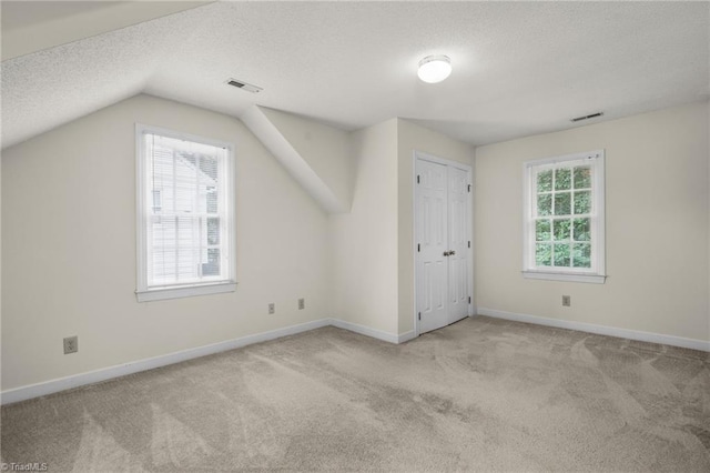 1113 Smokewood Dr, Apex, NC 27502 - additional living space with a textured ceiling, carpet, baseboards, and vaulted ceiling
