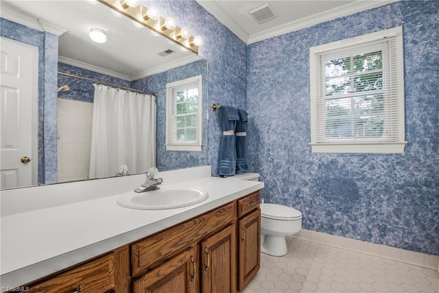 1113 Smokewood Dr, Apex, NC 27502 - bathroom with ornamental molding, vanity, toilet, tile patterned floors, and wallpapered walls