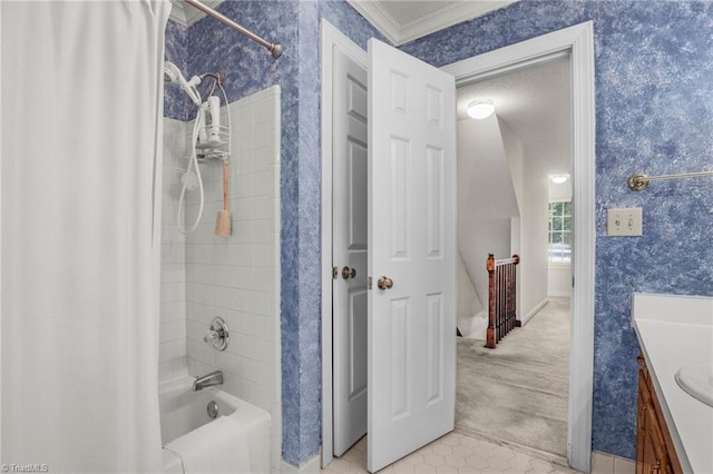 1113 Smokewood Dr, Apex, NC 27502 - bathroom featuring shower / tub combo, vanity, tile patterned flooring, and ornamental molding