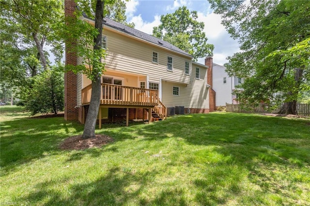 1113 Smokewood Dr, Apex, NC 27502 - back of property featuring a chimney, stairway, a deck, and cooling unit