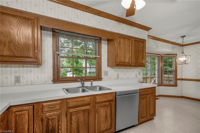 1113 Smokewood Dr, Apex, NC 27502 - kitchen featuring stainless steel dishwasher, wallpapered walls, a sink, light countertops, and brown cabinetry