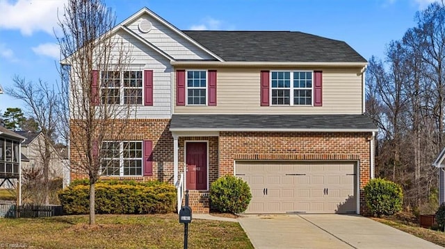 traditional home with a garage, concrete driveway, and brick siding