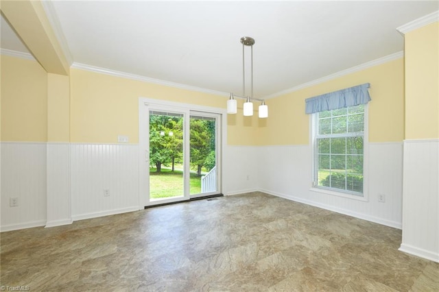 2377 Barber Rd, Elon, NC 27244 - unfurnished room featuring a wainscoted wall, ornamental molding, and plenty of natural light