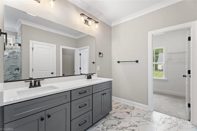 6975 Orchard Path Dr, Clemmons, NC 27012 - bathroom with crown molding, marble look tile flooring, double vanity, a shower stall, and baseboards
