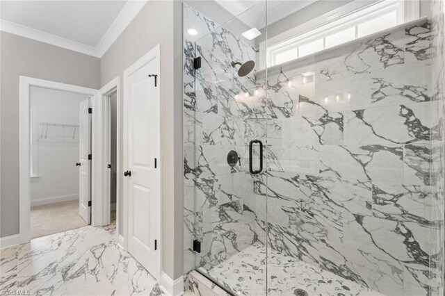 6975 Orchard Path Dr, Clemmons, NC 27012 - full bath featuring a marble finish shower, crown molding, a spacious closet, marble finish floors, and baseboards