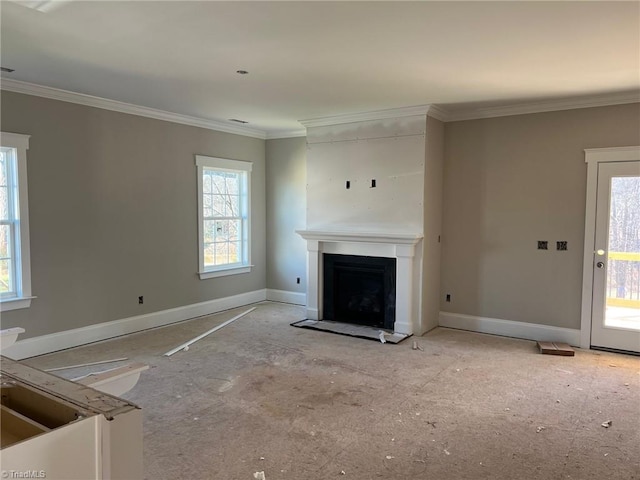 unfurnished living room featuring a fireplace with flush hearth, crown molding, and baseboards