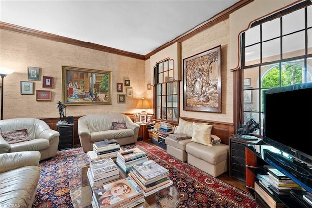 living room with ornamental molding